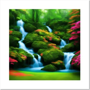 Ai Generated Art Scenery - Colourfull Mystical Forest With River Flowing Down A Lush Green Hill Posters and Art